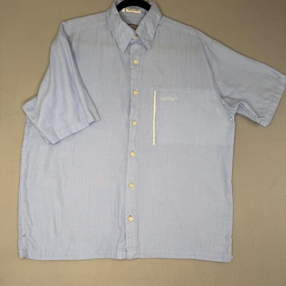 ORVIS Mens Large Blue Gingham Short Sleeve Button Up Shirt Trout Bum